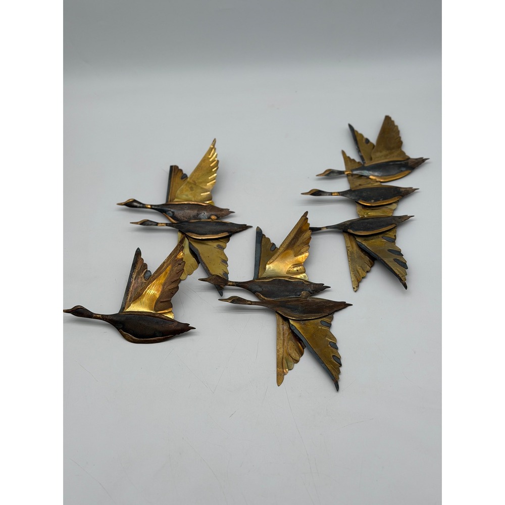Vintage MCM Brutalist Mixed Metal Flying Geese Wall Art Set of 4 Ducks Wildlife